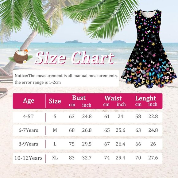 🆕Girl Butterfly Floral Print Sleeveless A Line Sundress Casual SummerPolyester - Picture 7 of 7